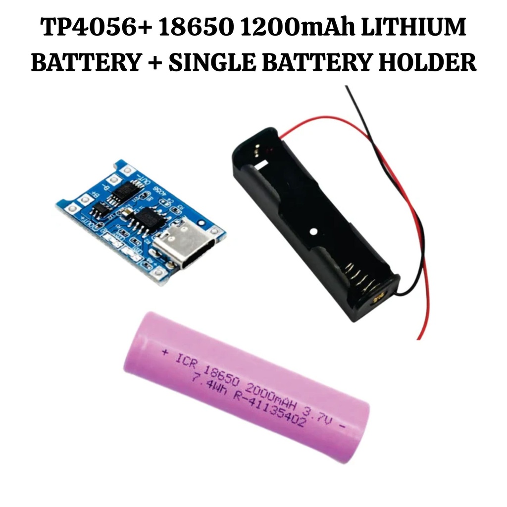 TP4056 Type-C Charging Module + 18650 1200mAh Lithium Battery + Single Cell Battery Holder Combo for DIY Electronics Projects